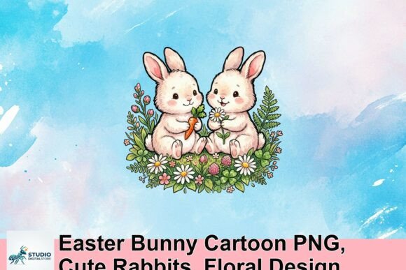 Download Easter Bunny Cartoon PNG, Cute Rabbits, Floral Design - Flora Collection