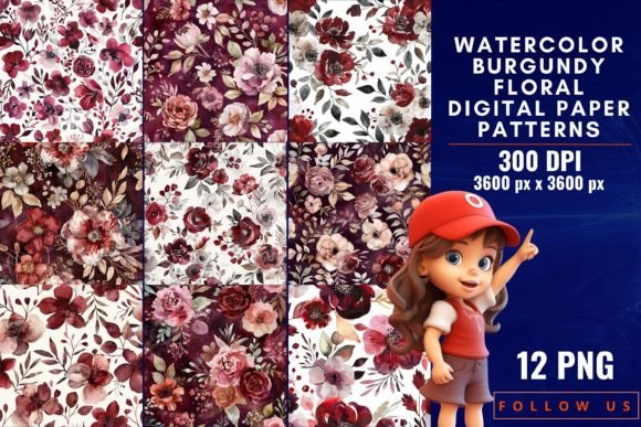 Download Watercolor Burgundy Floral Digital Paper - Flora Collection